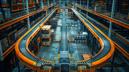 Efficient conveyor system in a large warehouse, with intricate paths and no personnel, seen from above.