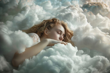 Amidst billowing clouds, a woman rests, a serene expression as she drifts into a tranquil sleep.