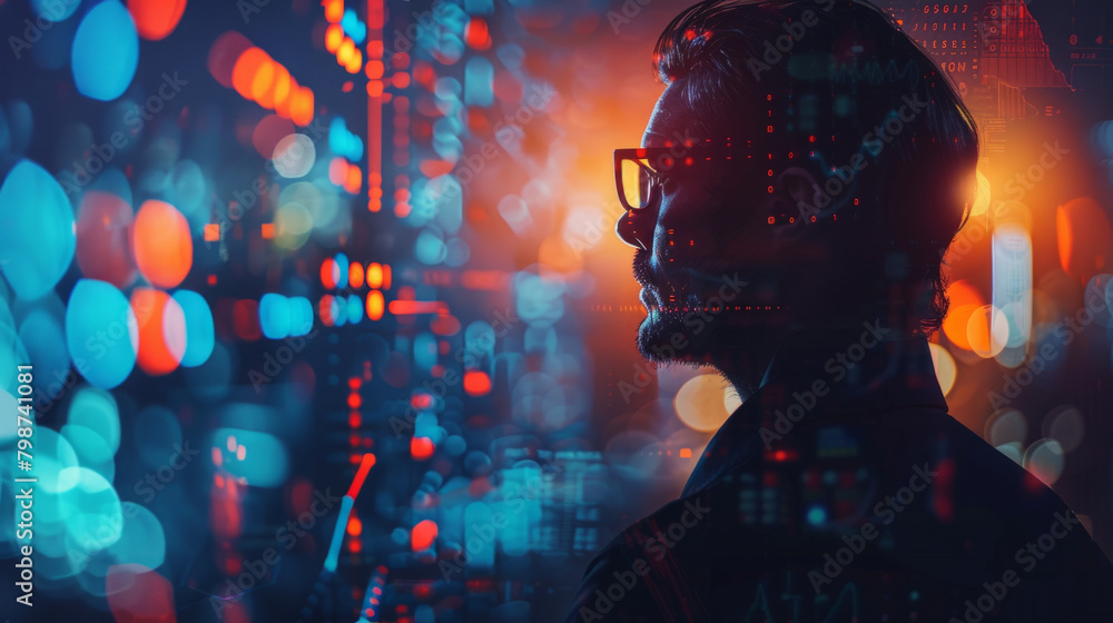Poster sophisticated double exposure design combining a professional corporate look with transparent graphs