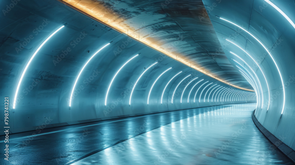 Poster a sleek and modern underground tunnel with smooth walls and ambient lighting, showcasing futuristic 