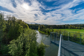 Fototapeta premium Fantastic spring hike along the Illerschleife with a viewing platform and castle ruins