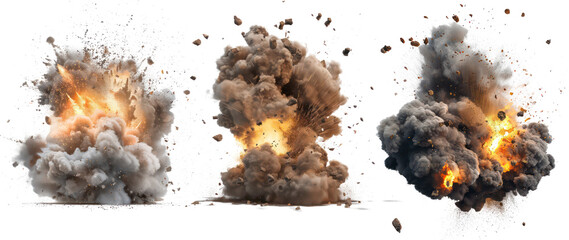 Set of smoke and explosion effect cut out, illustration of a burning fire. Isolated on transparent background.