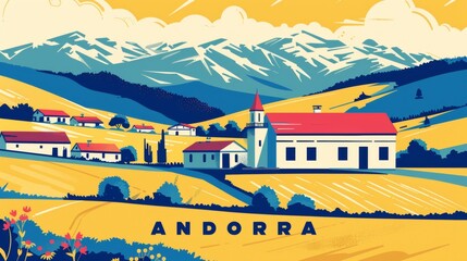 Andorra Landscape Illustration - obrazy, fototapety, plakaty