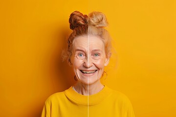 Old women's composite views on aging depict senescent cells and firm faces,therosclerosis management into life depictions thatmental fitness and skin care strategies in gerontological age depictions. - obrazy, fototapety, plakaty