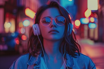 Cool Portrait. Charming Hipster Girl Enjoying Electronic Music in New York City Nightlife