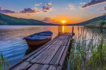 Sunset On The Lake. Wooden Dock and Boat in Beautiful Natural Landscape