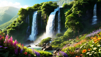 A majestic waterfall cascading down a lush green mountainside, surrounded by vibrant wildflowers