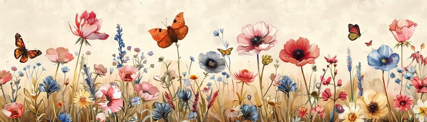 Charming cottage garden filled with blooming flowers and butterflies, depicted in a watercolor style for a gentle and artistic wallpaper