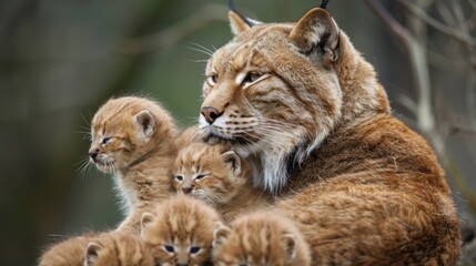 Obraz premium A lynx mother with her kittens in the wild.