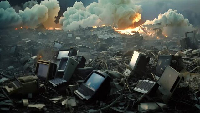 A pile of old computers precariously resting on top of a pile of debris, representing the environmental burden of electronic waste, Technological waste thrown in a landfill