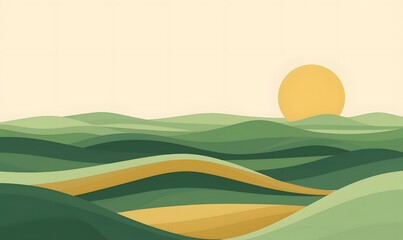 Obraz premium A landscape of flat design rolling hills in alternating shades of green and earth tones, Generative AI