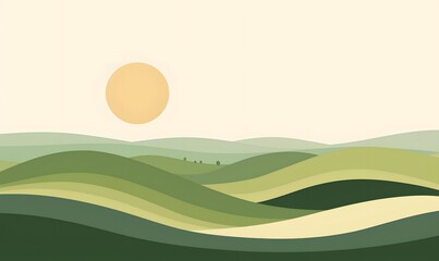 A landscape of flat design rolling hills in alternating shades of green and earth tones, Generative AI
