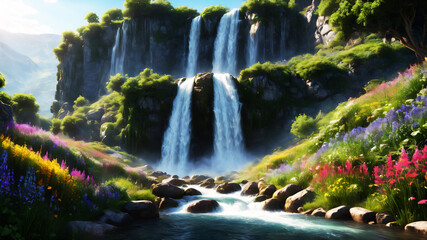 A majestic waterfall cascading down a lush green mountainside, surrounded by vibrant wildflowers