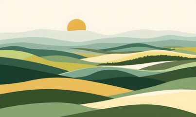 Obraz premium A landscape of flat design rolling hills in alternating shades of green and earth tones, Generative AI