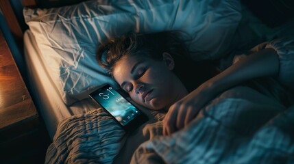 Photo of a woman in bed reaching out to snooze an alarm on their smartphone