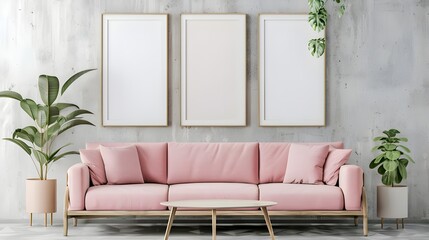 Blank poster frames mock up in Bright living room with pink sofa and light blue wall, pink arches on wooden floor , green plants, living room interior background, 3d rendering ai generated 