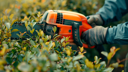 A gardener cuts bushes with an electric pruner. Selective focus.