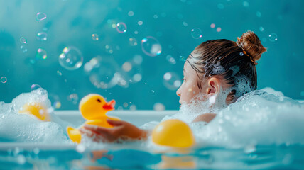 A child bathes in a bubble bath with a duck. Selective focus.