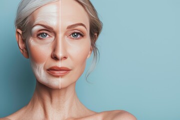 Women managing aging skin care stagesface lifts in mature contexts, addressing aging diabetes health in split age portraits, focusing skincare on young to old comparisons and age divisions.