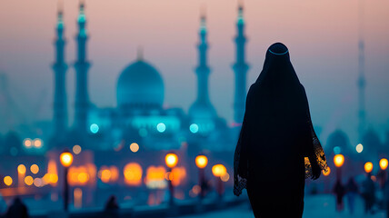 An Arab woman in a burqa looks at the mosque. Selective focus.