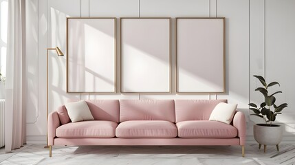 Blank poster frames mock up in Bright living room with pink sofa and light blue wall, pink arches on wooden floor , green plants, living room interior background, 3d rendering ai generated 