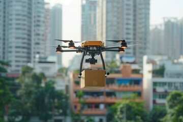 A drone flies over the city and carries a box. Concept of modern technology and city life