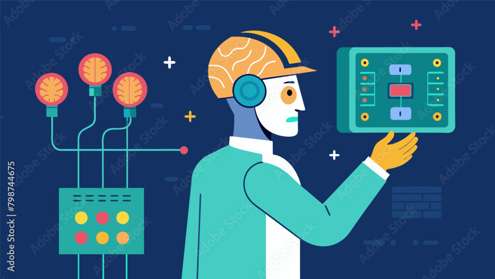 Poster with a steady hand the technician activates the various switches and buttons on the brain implant ch