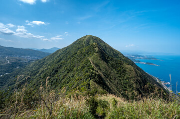 Views of ridge trail to Keelung mountain east peak, whole mountain covered by green plants and miscanthus, in Jinguashi, New Taipei City, Taiwan.