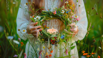 a young woman floats a wreath on Ivan Kupala. Selective focus.
