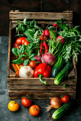 harvest of vegetables in a wooden box. Selective focus.