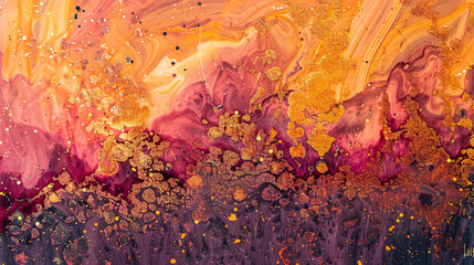Spectacular sunset marble ink drifting across a breathtaking abstract scene, speckled with glitters in shades of orange and pink.