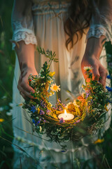 a young woman floats a wreath on Ivan Kupala. Selective focus.