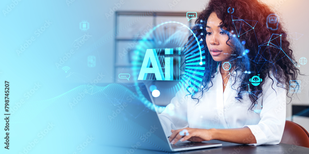 Poster man with tablet and ai technology hologram with virtual assistant icons