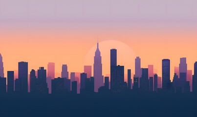 city skyline at dusk, with edifices rendered in shades of navy and charcoal against a sky of twilight hues, Generative AI