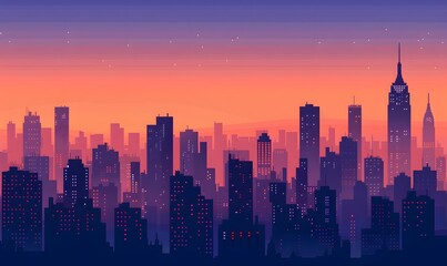 Fototapeta premium city skyline at dusk, with edifices rendered in shades of navy and charcoal against a sky of twilight hues, Generative AI