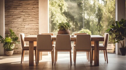 Elegant wooden dining table set against large windows with natural light, perfect for a lifestyle product mockup in a home environment