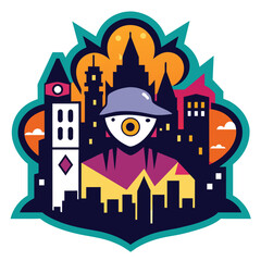 Captivating sticker showcasing a cityscape adorned with eye-catching street art and the silhouettes of fashionable individuals, conveying the edgy allure of urban street culture