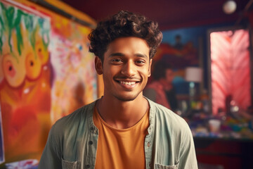 Fototapeta premium young indian man standing at colorful art studio