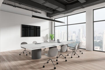 Modern office interior with a conference table, chairs, and city view, realistic, in an urban setting, concept of a corporate business space. 3D Rendering