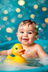baby bathes in a bath with a duck. Selective focus.