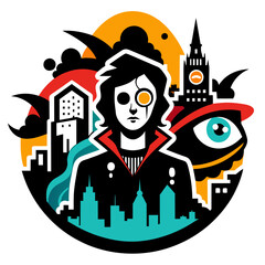 Captivating sticker showcasing a cityscape adorned with eye-catching street art and the silhouettes of fashionable individuals, conveying the edgy allure of urban street culture
