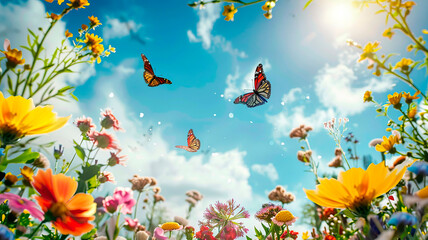 Butterflies and flowers on the sky background frame. Selective focus.