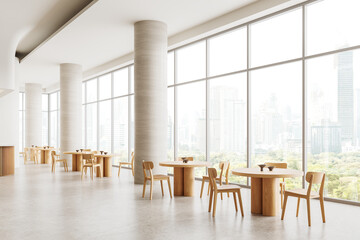Modern cafe interior with wooden tables and chairs by large windows overlooking a cityscape, minimalist design, 3D Rendering.