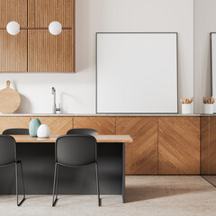 Cozy home kitchen interior with cooking cabinet and dinner table. Mockup poster