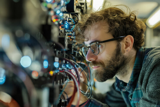 Quantum computing engineer calibrating qubits in a sophisticated laboratory, fine-tuning quantum algorithms for unprecedented computational power.