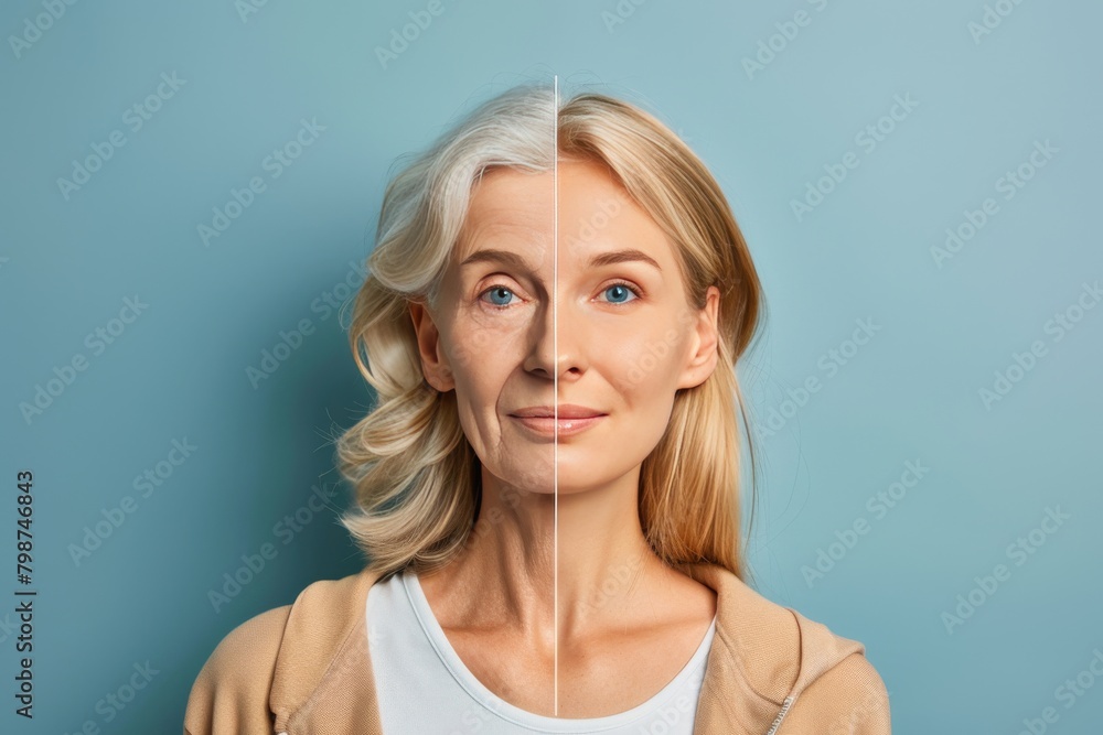 Poster skincare comparison and reversal techniques emphasizing features and hydration for modern elderly in