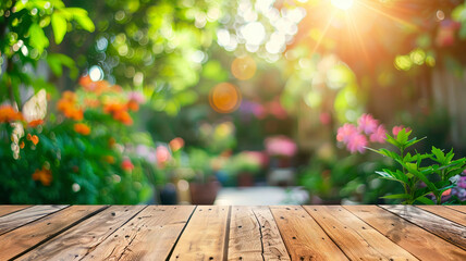 wooden table with copy space in the garden. Selective focus.