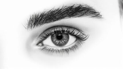 Obraz premium Eye White Background. Close Up View of Female Eye with Long Eyelashes