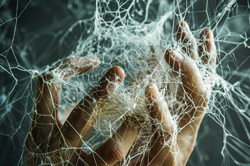 A tangled web being unraveled by a person's hands, representing the process of unraveling complexity to reveal simple.