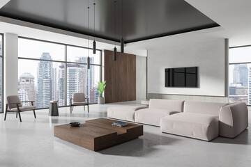 Stylish home living room interior with lounge zone, panoramic window